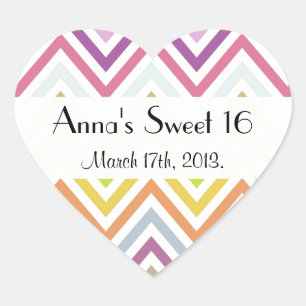 Färgfull Zigzag, Rainbow Zigzag, Chevron, Sweet 16 Hjärtformat Klistermärke