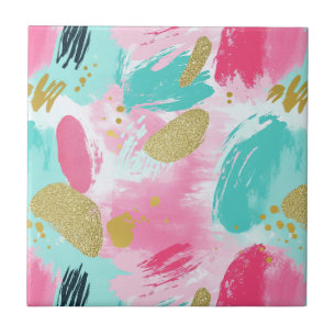 Färgfulla Abstrakter Brushstrokes - Mint & Rosa (1 Kakelplatta