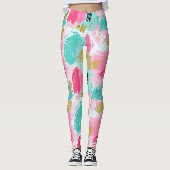 Färgfulla Abstrakter Brushstrokes - Mint & Rosa (1 Leggings (Framsida)