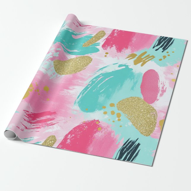 Färgfulla Abstrakter Brushstrokes - Mint & Rosa (1 Presentpapper (Utrullad)