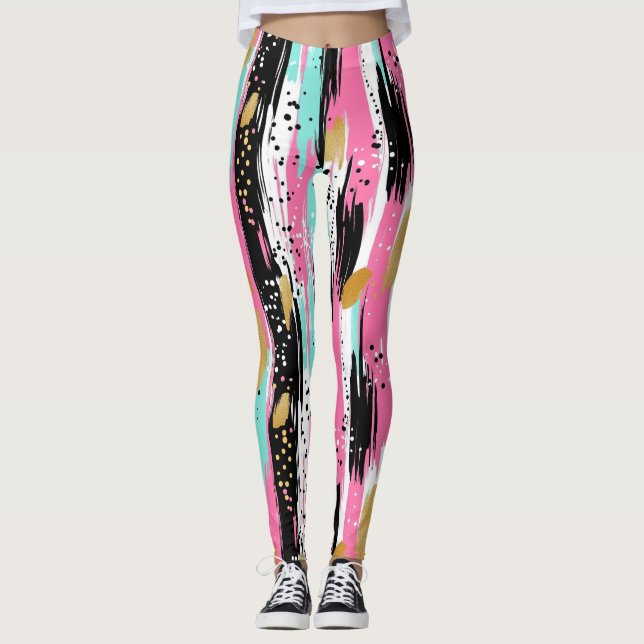 Färgfulla Abstrakter Brushstrokes - Mint & Rosa (2 Leggings (Framsida)