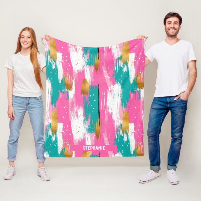 Färgfulla Abstrakter Brushstrokes - Mint & Rosa (3 Fleecefilt (På plats)