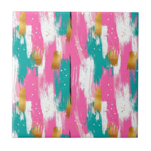 Färgfulla Abstrakter Brushstrokes - Mint & Rosa (3 Kakelplatta