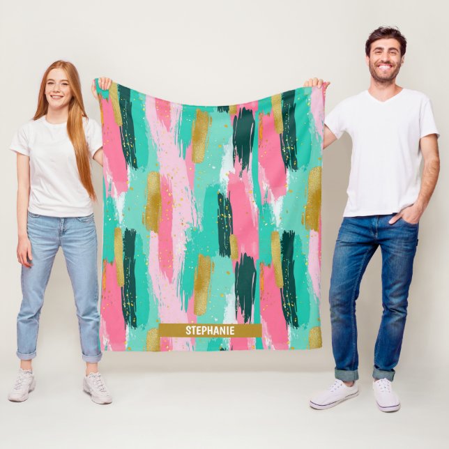 Färgfulla Abstrakter Brushstrokes - Mint & Rosa (4 Fleecefilt (På plats)
