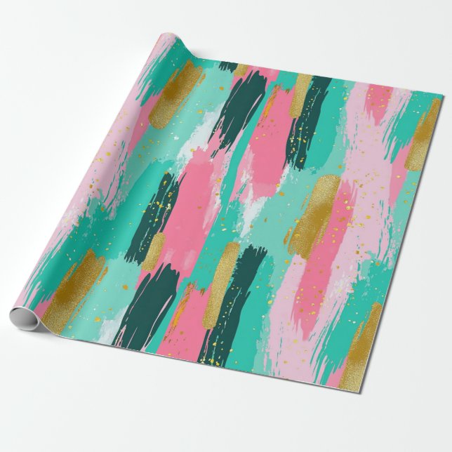 Färgfulla Abstrakter Brushstrokes - Mint & Rosa (4 Presentpapper (Utrullad)