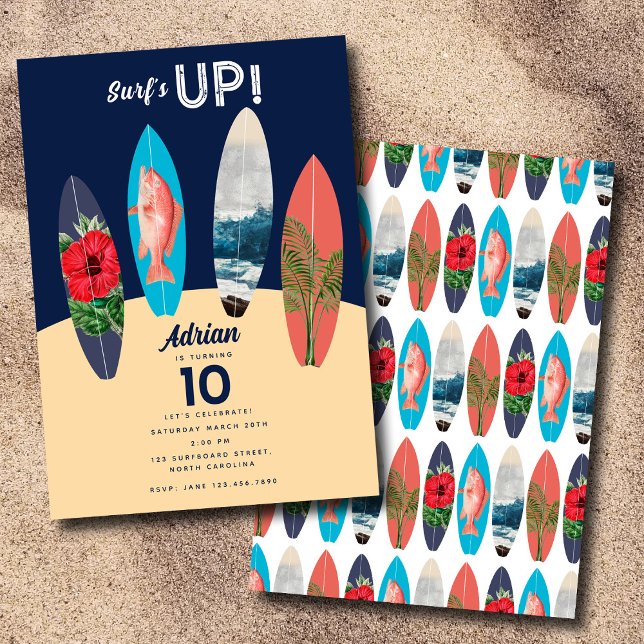 Färgfulla återcirkulationsytor surfar uppåt Födels Inbjudningar (Colorful Retro Surfboards Surfs Up Birthday Party Invitation)