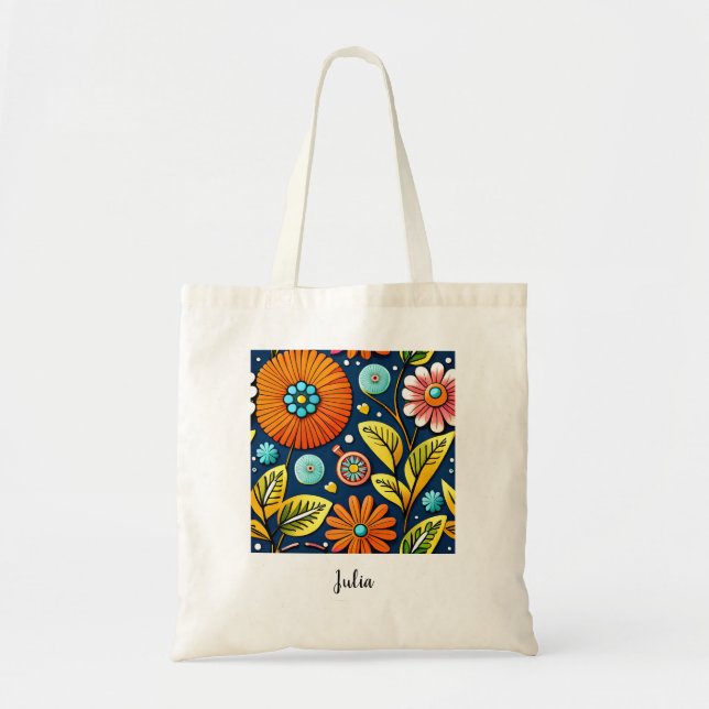 Färgfulla Blommar och grönt löv Tote Bag Tygkasse (Framsidan)