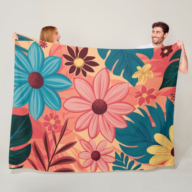 Färgfulla Blommigtar Bliss med varma tonbakgrunder Fleecefilt (På plats)