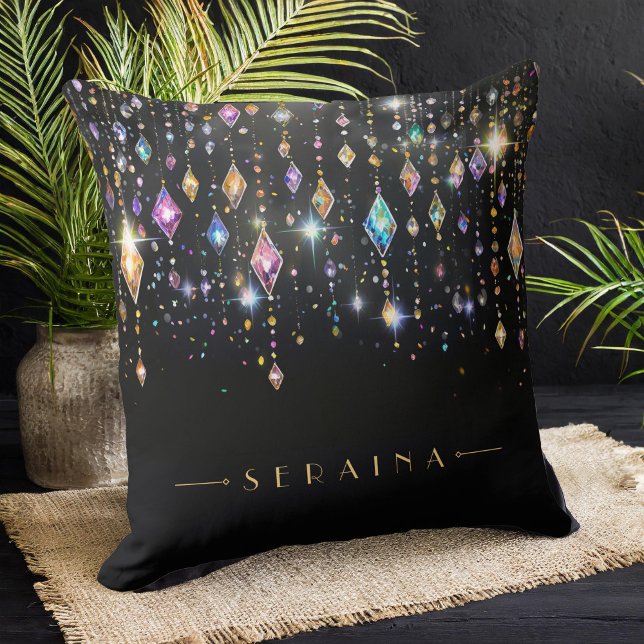 Färgfulla Boho Gems på svart ID1035 Kudde (Skapare uppladdad)