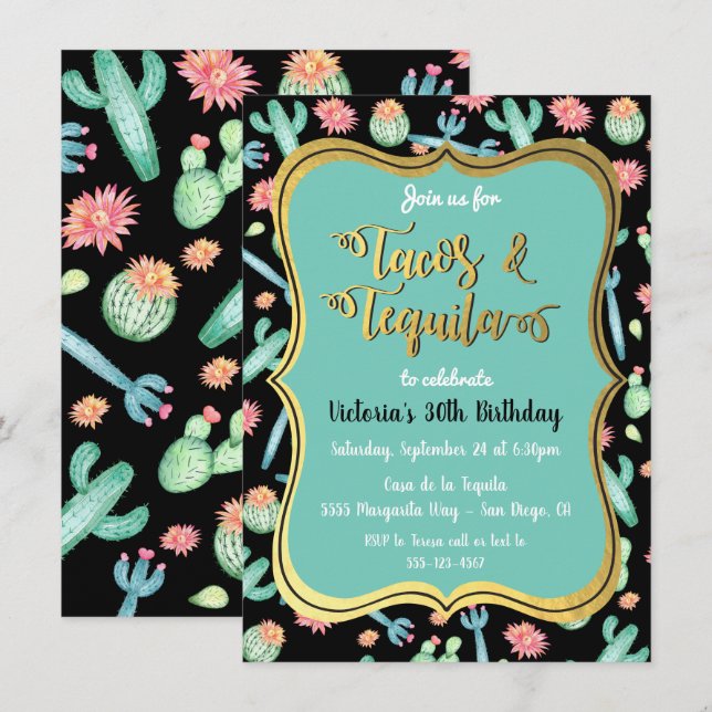 Färgfulla Cactus Tacos & Tequila-inbjudningar Inbjudningar (Fram/baksida)