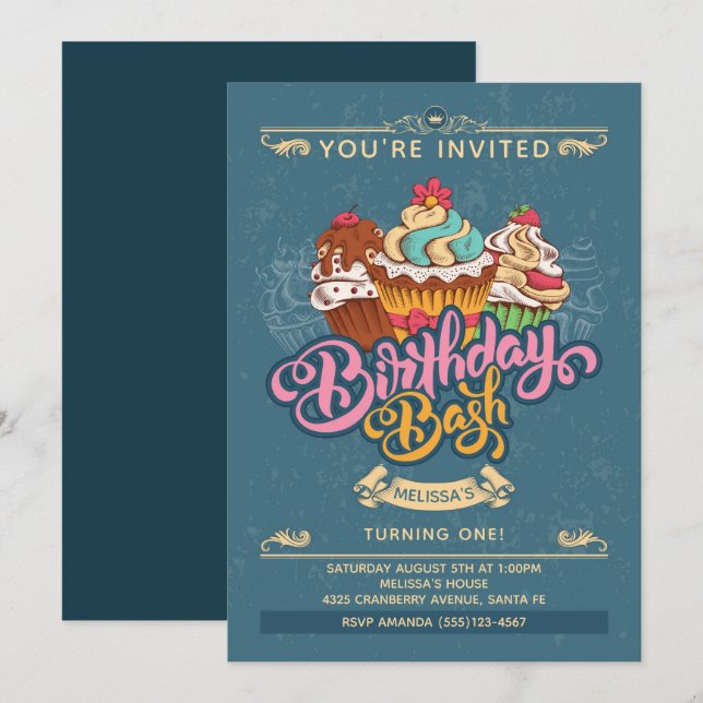 Färgfulla Cupkakor-sötsaker på Blue Birthday Inbjudningar (Fram/baksida)