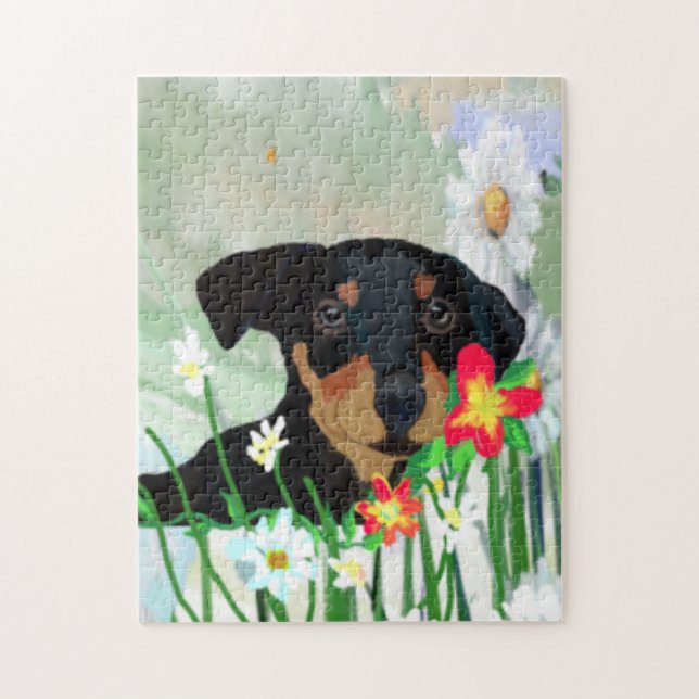 Färgfulla Daisy och Doberman Pincher Puppy Pussel (Vertikal)
