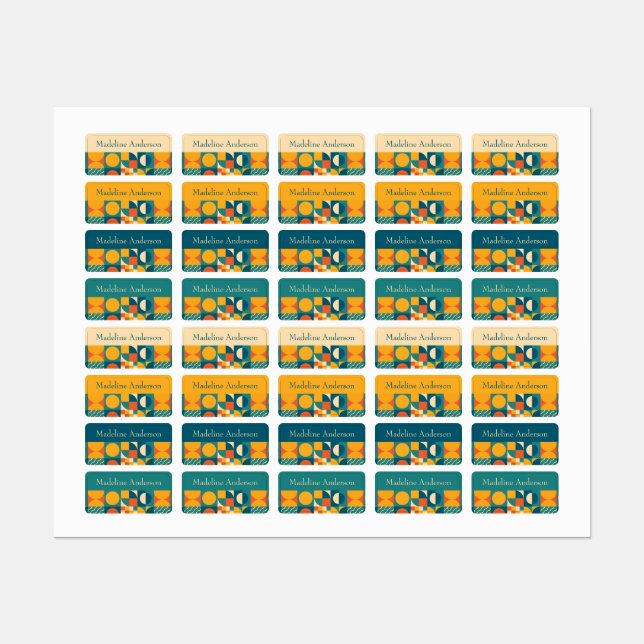 Färgfulla etiketter för retro Geometric Kids namn (Ark)