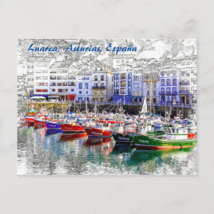 Färgfulla fiskebåtar i Luarca, Asturien, Spanien. Vykort