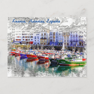 Färgfulla fiskebåtar i Luarca, Asturien, Spanien. Vykort