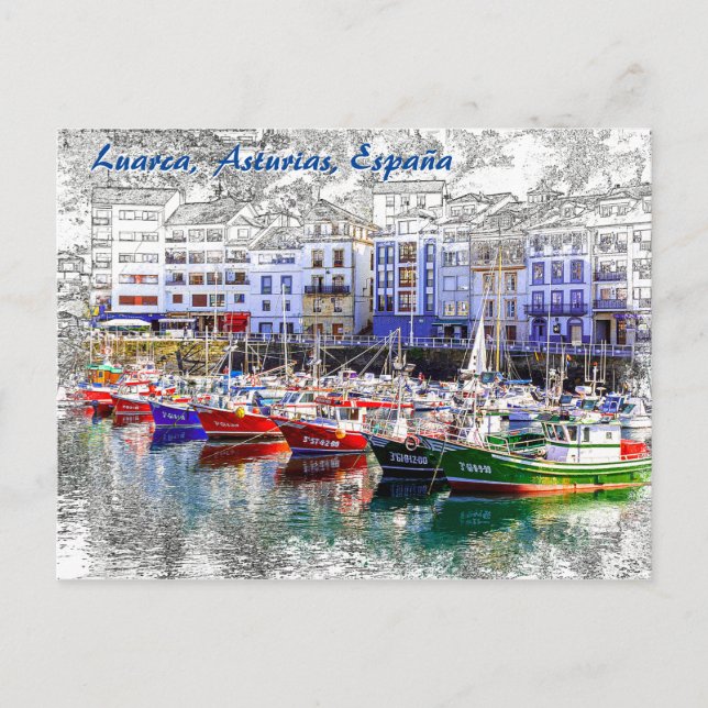 Färgfulla fiskebåtar i Luarca, Asturien, Spanien. Vykort (Framsida)
