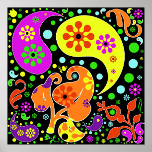 Färgfulla Funkyar Blommor Retro Paisley Hippie Pos Poster