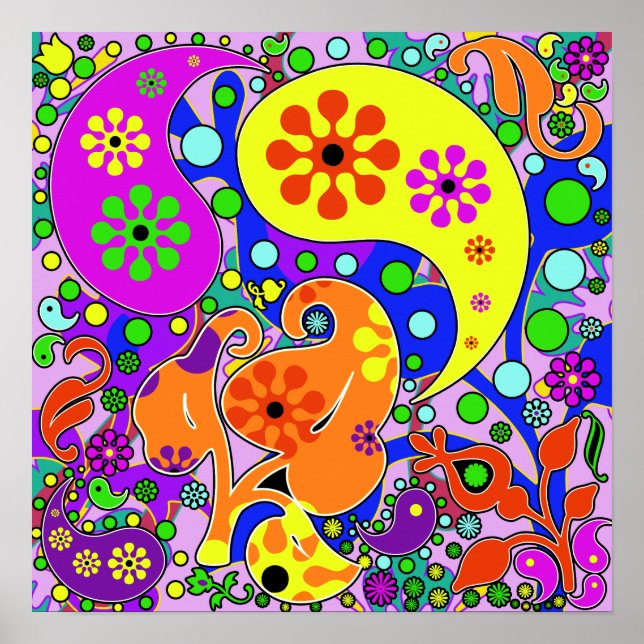 Färgfulla Funkyar Blommor Retro Paisley Hippie Pos Poster (Framsidan)