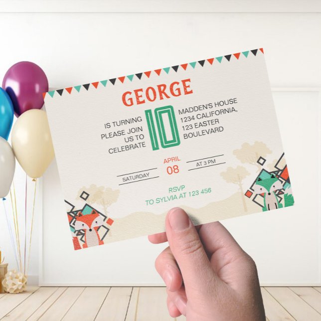 Färgfulla geometriska former Cute Fox Birthday Inbjudningar (Colorful Geometric Shapes Cute Fox Birthday Invitation)