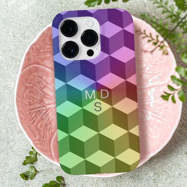 Färgfulla geometriska kuber Monogram iphone case (A colorful geometric cube pattern phone case with space for your initials)