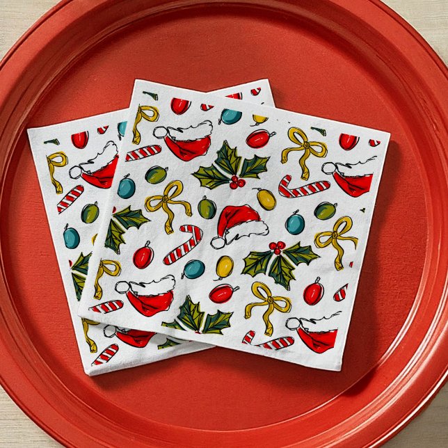Färgfulla Hand plockade-jular - illustrerade skiss Pappersservett (Colorful Hand Drawn Christmas Illustrated Sketches Holiday Party Napkins)