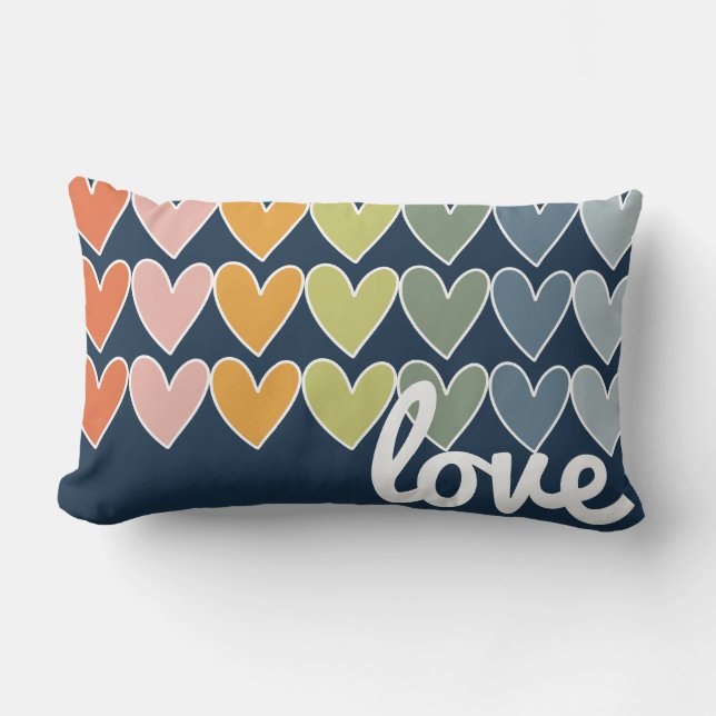 Färgfulla Hand plockade Rainbow Hearts Lumbarkudde (Framsida)