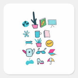 Färgfulla ikoner för Abstrakt med vardagliga objek Fyrkantigt Klistermärke