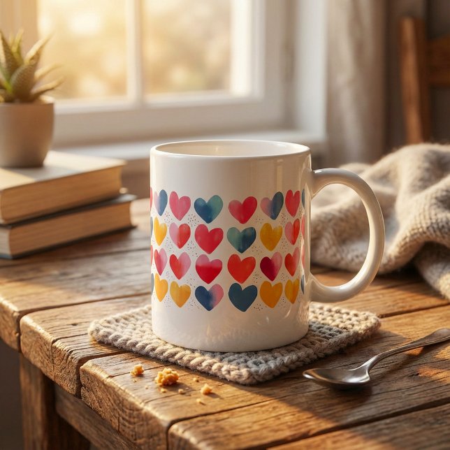 Färgfulla kärlek-hjärtan mugg (Colorful love hearts mug.)