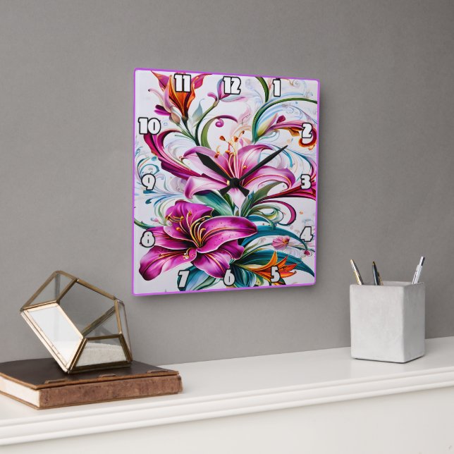 Färgfulla Lily Flowers i Vibrant Blommigt Design Fyrkantig Klocka (Kontor)