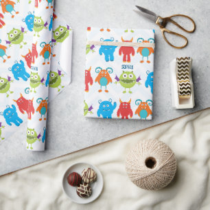 Färgfulla Lycklig-monster med Kid Namn Mönster Presentpapper