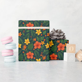 Färgfulla moderna tropiska blommor på marinblått presentpapper