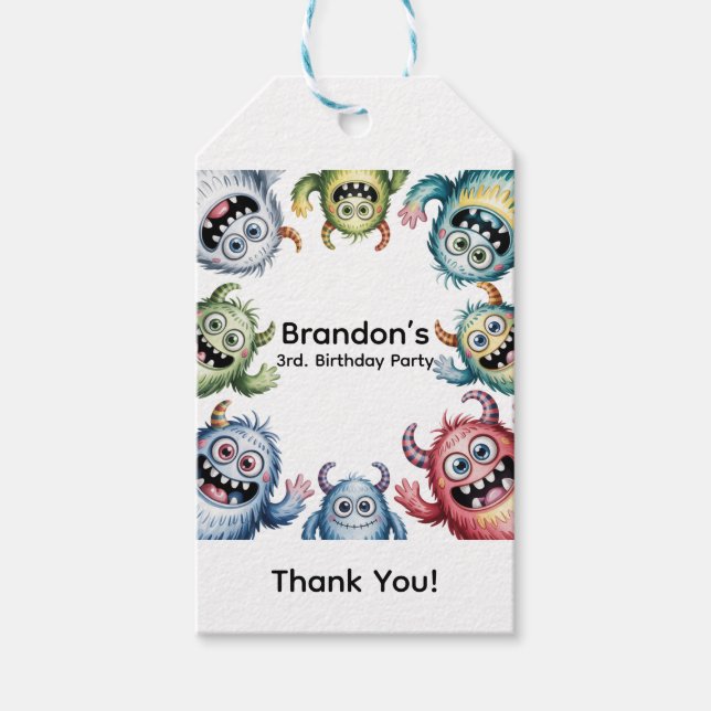 Färgfulla monster 3:e. Tack för födelsedagsfest Presentetikett (Framsidan)