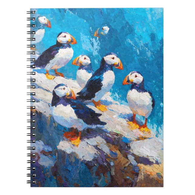 Färgfulla Puffins Seaside Cliff Painting Art Anteckningsbok (Framsidan)