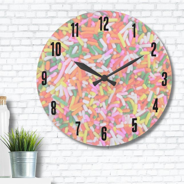 Färgfulla regnbågssprinkler stor klocka (Cute Trendy Rainbow Sprinkles Candy Pattern Large Clock)