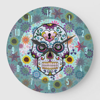 Färgfulla Retro-blommor och diamanter Skulldesign Stor Klocka