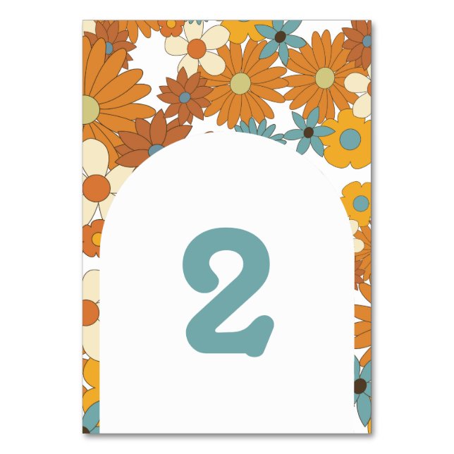 Färgfulla Retro Flowers 60:s 70's Arch Bröllop Bordsnummer (Framsidan)