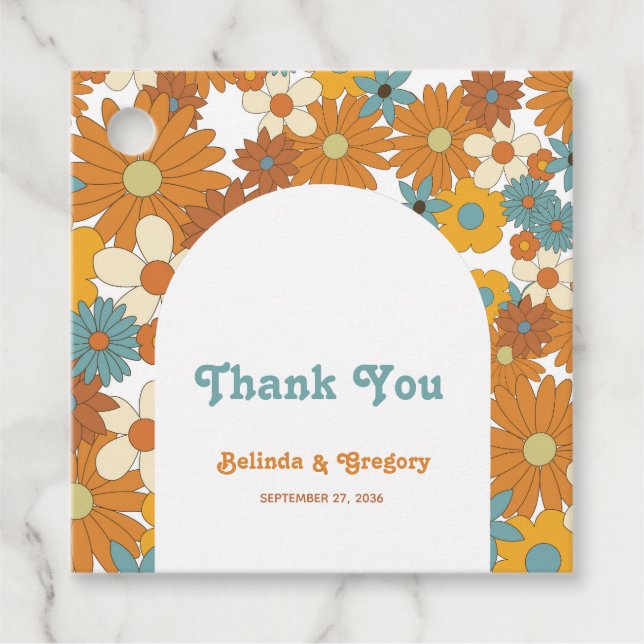Färgfulla Retro Flowers 60:s 70's Arch Bröllop Gåvor Etiketter (Framsida)