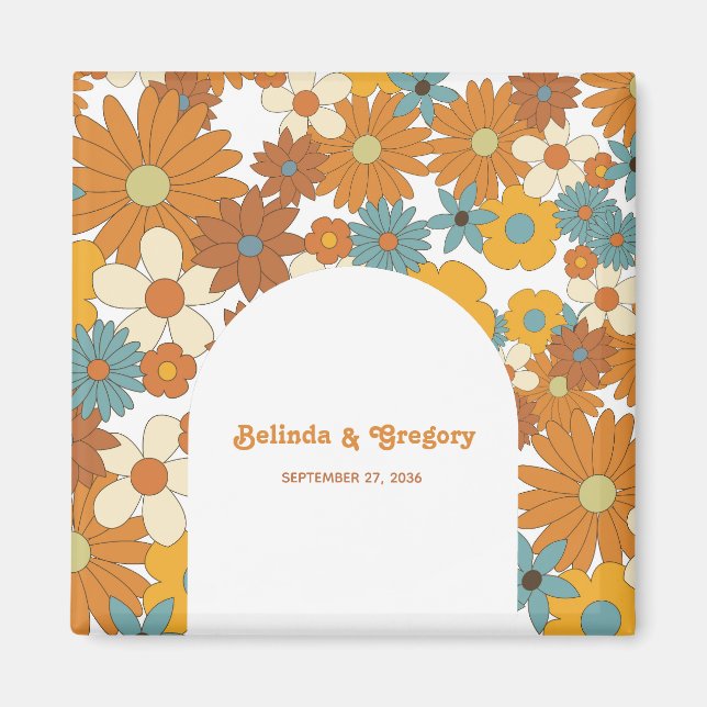 Färgfulla Retro Flowers 60:s 70's Arch Bröllop Magnet (Framsidan)