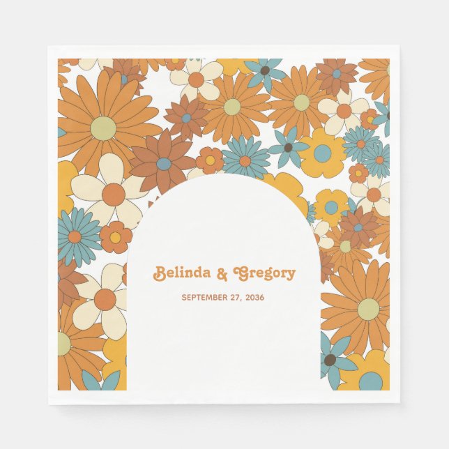 Färgfulla Retro Flowers 60:s 70's Arch Bröllop Pappersservett (Framsidan)