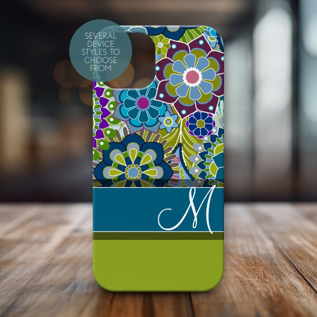 Färgfulla Retro Flowers med Monogram (Personalized Phone Case with Huge Monogram)