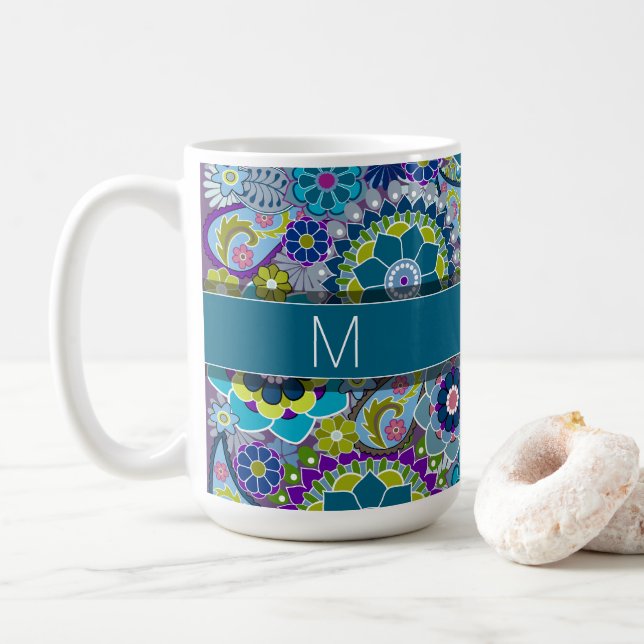 Färgfulla Retro Flowers med Monogram Kaffemugg (Med munk)