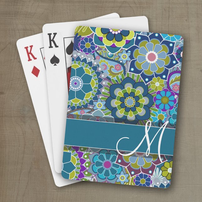 Färgfulla Retro Flowers med Monogram Kortlek (Personalized playing cards with a funky floral pattern and a place for a name)