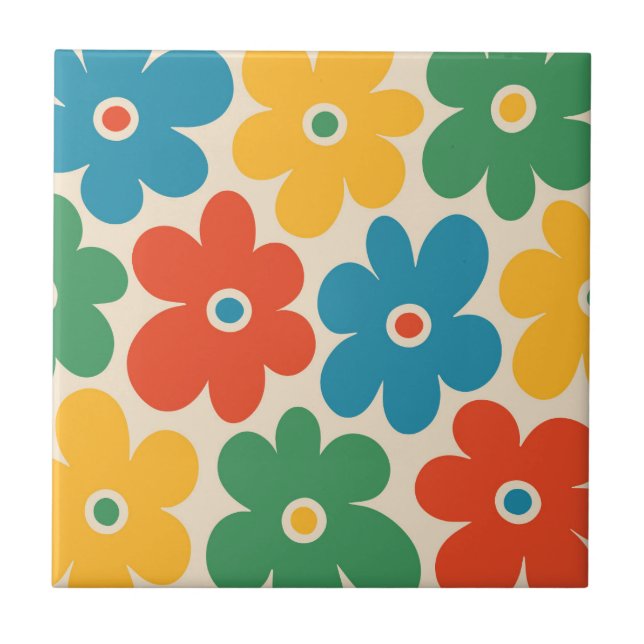 Färgfulla Retro Flowers Mönster Kakelplatta (Framsidan)
