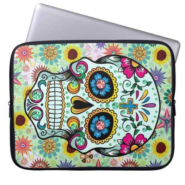 Färgfulla Retro Flowers Skull 2 Laptop Fodral (Framsidan)