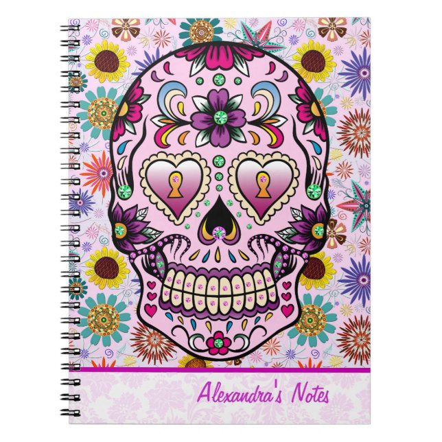 Färgfulla Retro Flowers Skull Anteckningsbok Med Spiral (Framsidan)