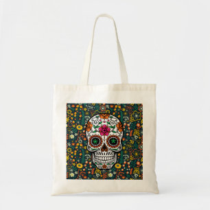 Färgfulla Retro Flowers & Sugar Skull Tygkasse