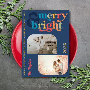 Färgfulla Retro Merry & Bright jul 2-foton Julkort