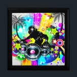 Färgfulla Retro Music-tema-DJ-centercenterarkiv Smyckeskrin<br><div class="desc">Färgfullt retro-musiktema med DJ-centrifugeringsposter i tropiska inställningar. Grönt för ljusblå rosa och gult,  svarta accenter och vita gnistor. Design finns på andra produkter och kan begäras för alla produkter som erbjuds av zazzle.</div>