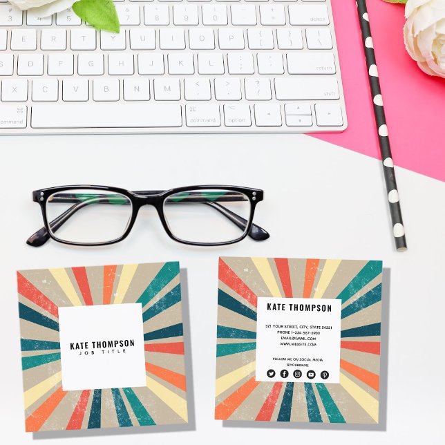 Färgfulla Retro Rainbow Sunburst Social Media Icon Fyrkantigt Visitkort (Skapare uppladdad)