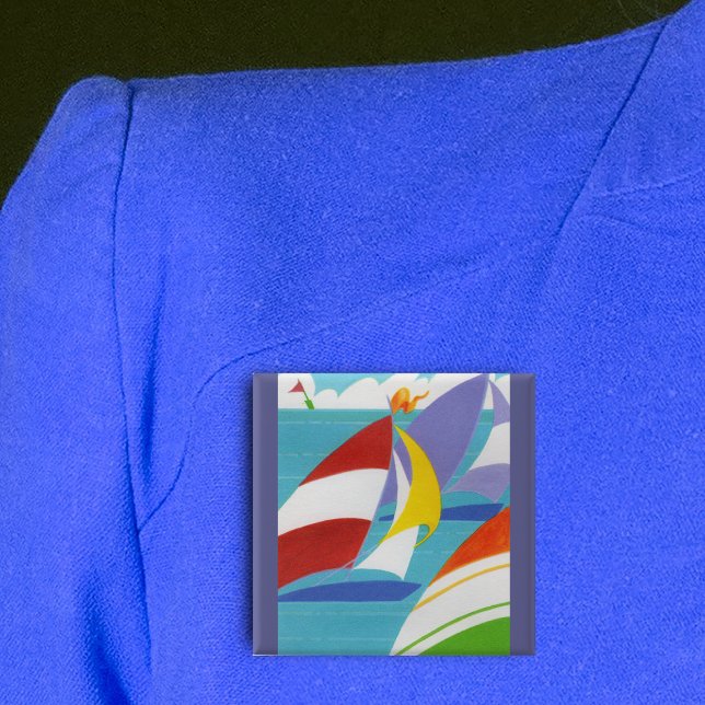 Färgfulla segelbåtar knapp (Abstract sailboats bright colours blue lake clouds on square pin back button.)